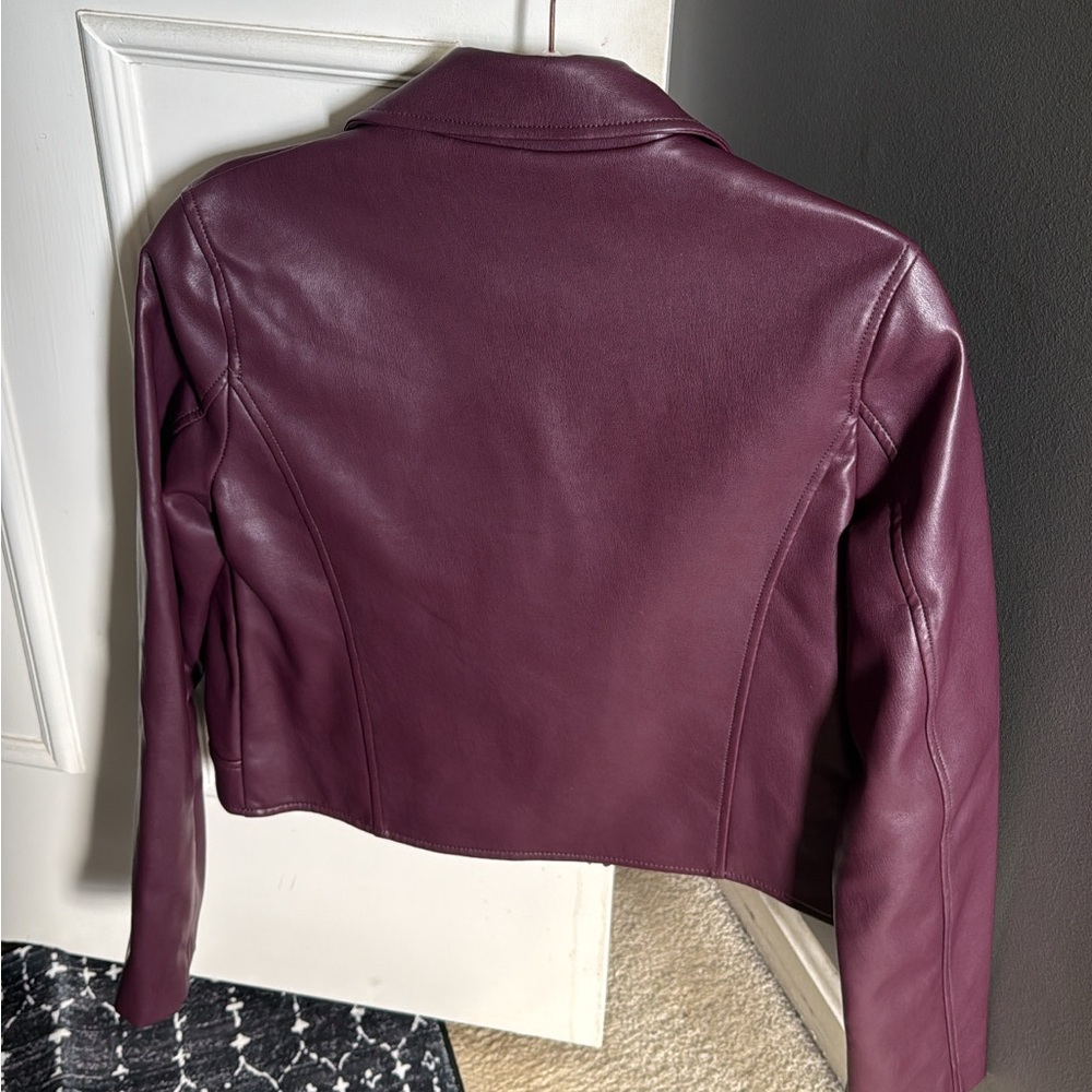 ASOS Faux Biker Leather Jacket in Burgundy - Picture 6 of 8